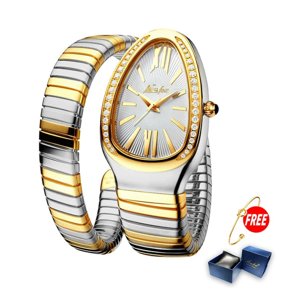 MISSFOX Women&#39;s Watches Snake Shape Luxury Wrist Watch For Women Steel Unique Gold Quartz Ladies Watch Clock Relogio Feminino