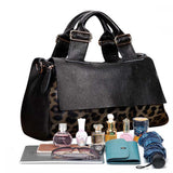 Fashion Genuine Leather Big Tote Handbags Leopard Pattern Soft Cowhide Travel Tote Ladies Long Strap Shoulder Weekend Bags